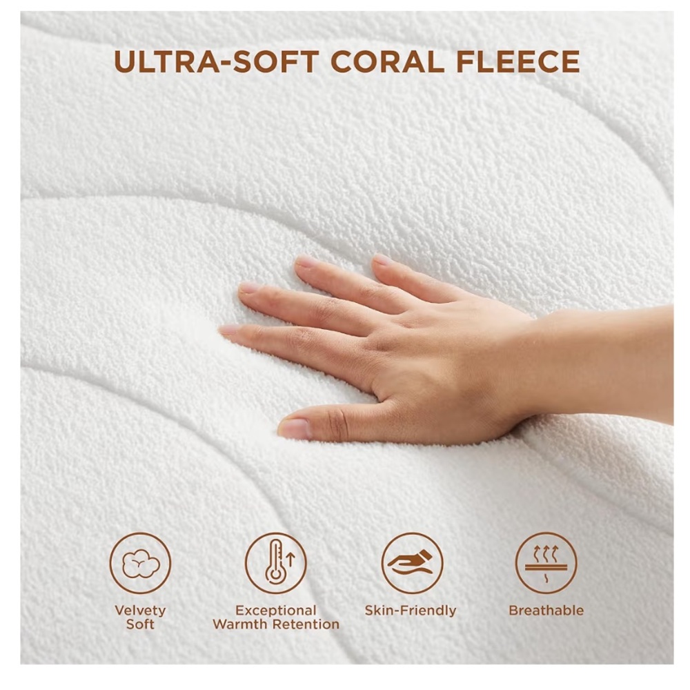 KING SIZE White Coral Fleece Heated Mattress Pad Cover Dual Controller - Picture 2 of 16